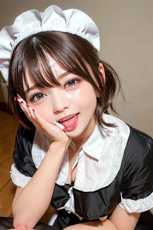 [Stable Diffusion] From above Sticking out tongue Beautiful Woman Indoor Laughing R18 Masterpiece Looking upwards Facial Ejaculation naughty expression Maid uniform [Realistic]