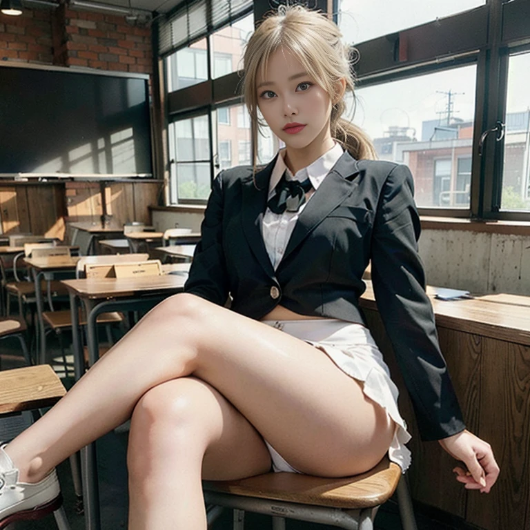 [Stable Diffusion] Ponytail Panties visible from under skirt Beautiful Face R18 Skirt Masterpiece Mini Skirt Crossing legs Classroom Sitting in a Chair Suit Teacher Thong [Realistic]