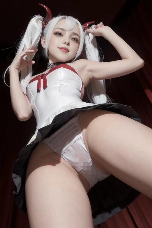 [Stable Diffusion] Twin tails On the Bed Laughing Beautiful Face Grinning From below R18 Pants Masterpiece Cosplay Upskirt Underwear Succubus [Realistic]