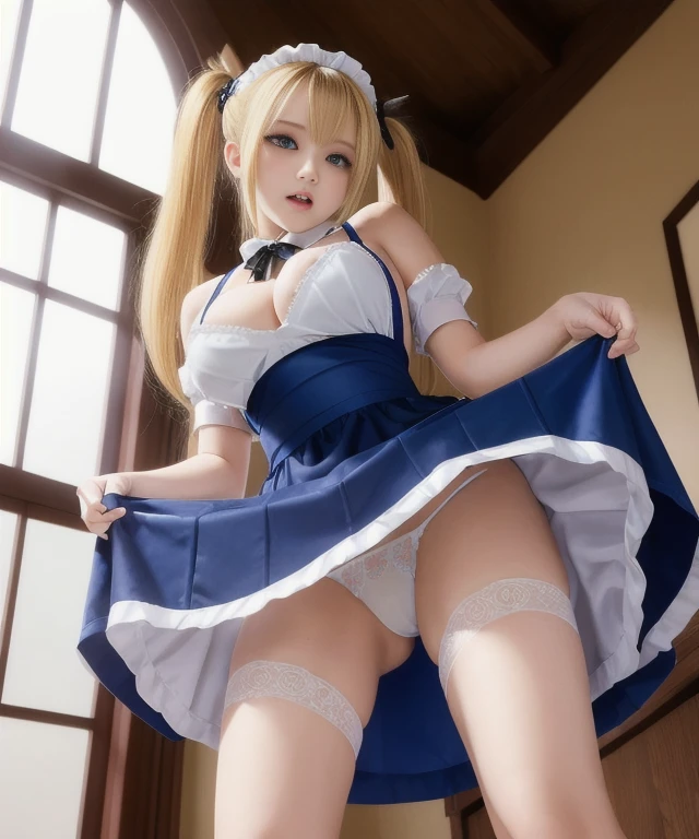 [Stable Diffusion] Twin tails Beautiful Woman Indoor From below R18 Angry Pants Masterpiece Maid uniform Maid apron Smokey eye makeup Underwear [Realistic]