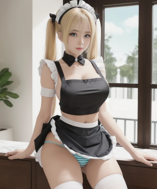 [Stable Diffusion] Twin tails Indoor Beautiful Face R18 Pants Adult Woman Masterpiece Maid uniform Maid apron Upskirt Striped Panties Midriff Baring [Realistic]