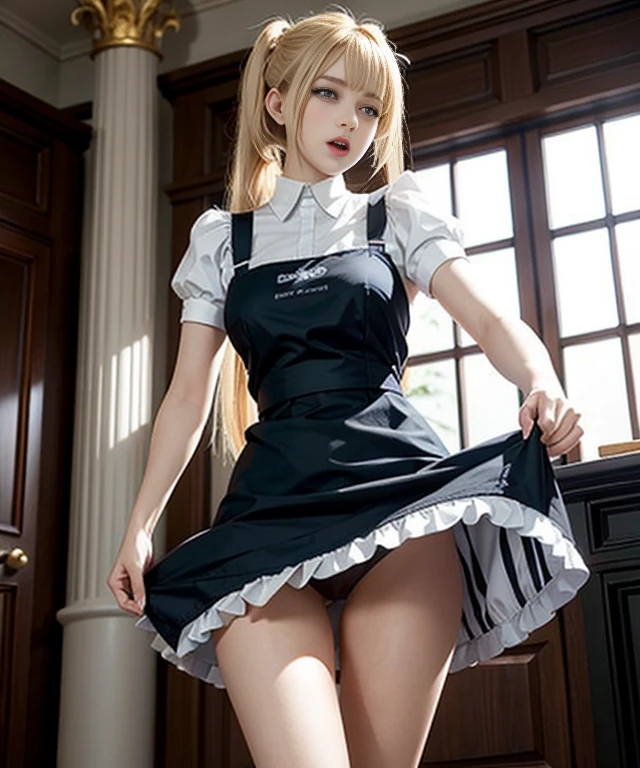 [Stable Diffusion] Twin tails Beautiful Woman Indoor From below R18 Angry Pants Masterpiece Maid uniform Maid apron Underwear [Realistic]