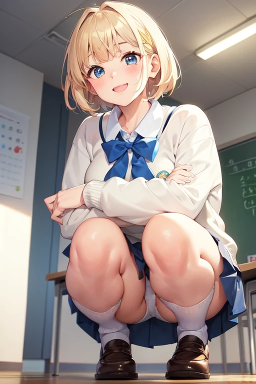 [Holara] Short hair Laughing Cute Face From below Big eyes Pants Masterpiece Squatting Classroom School uniform Sweater [Illustration]