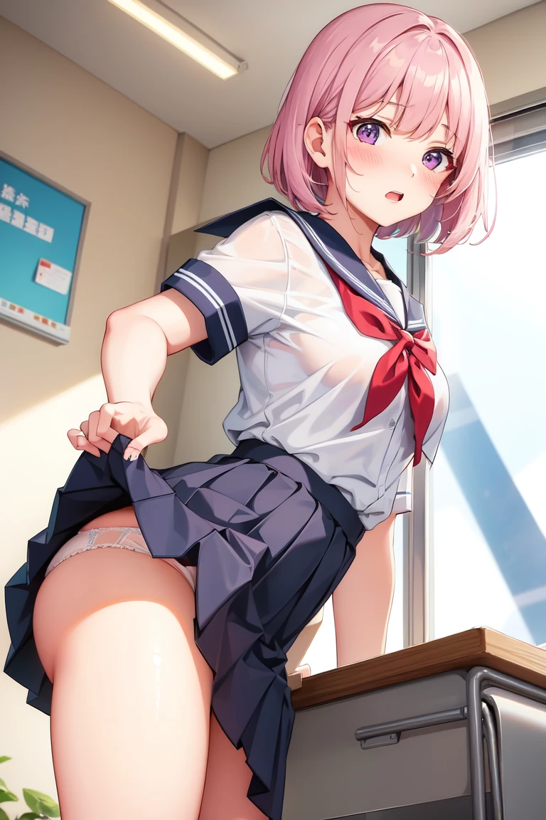 [Holara] Bob Embarrassed Cute Face High Quality Lifting up skirt From below Peeking from below Pants Skirt Classroom School uniform [Illustration]