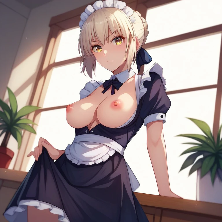 [Stable Diffusion] Breasts Fate Saber Fate Saber Alter High Quality Lifting up skirt Nipples R18 group sex Looking at Viewer Skirt Maid uniform [Illustration]