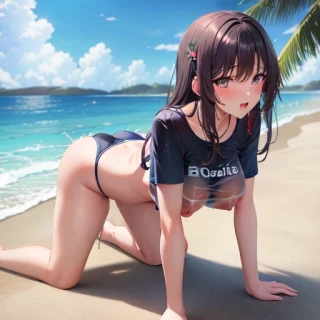 On all fours, Nipples, R18, Beach, Masterpiece, Swimsuit, Bikini, Wet body, Standing, Shirt, T-shirt, See-through, Nipples visible through clothing