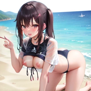 On all fours, Nipples, R18, Beach, Masterpiece, Swimsuit, Bikini, Wet body, Standing, Shirt, T-shirt, See-through, Nipples visible through clothing