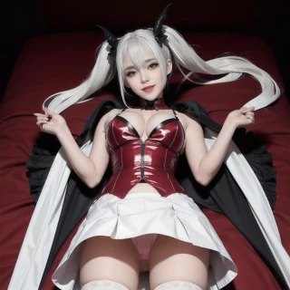Twin tails, On the Bed, Breasts, Laughing, Beautiful Face, Grinning, R18, Pants, Skirt, Cosplay, Upskirt, Underwear, Succubus