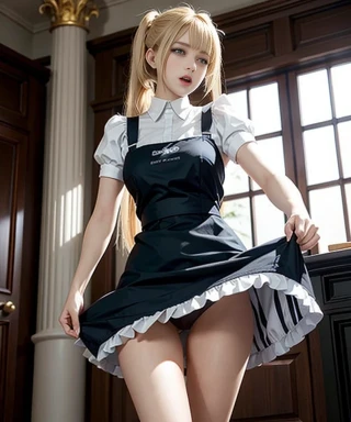 Twin tails, Beautiful Woman, Indoor, From below, R18, Angry, Pants, Maid uniform, Maid apron, Underwear