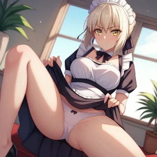 Spread legs, Fate Saber, Fate Saber Alter, Lifting up skirt, R18, Pants, Looking at Viewer, Skirt, Maid uniform