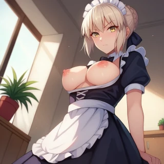 Indoor, Breasts, Fate Saber, Fate Saber Alter, High Quality, Lifting up skirt, Nipples, R18, group sex, Looking at Viewer, Bra, Skirt, Fat, Maid uniform